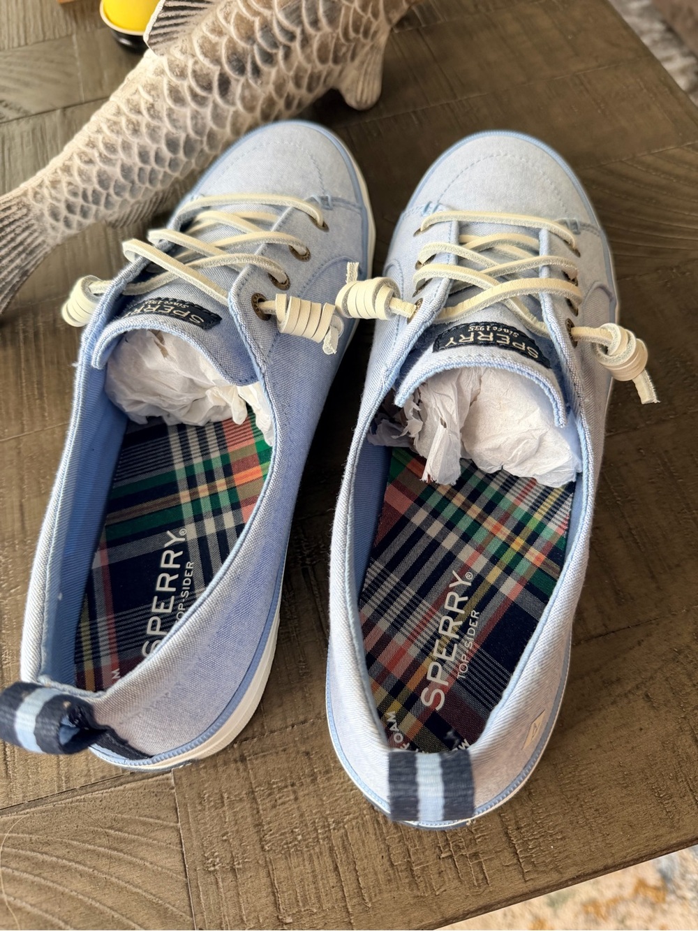Sperry Light Blue Canvas Two-Eye Boat Shoes with Plaid Insole